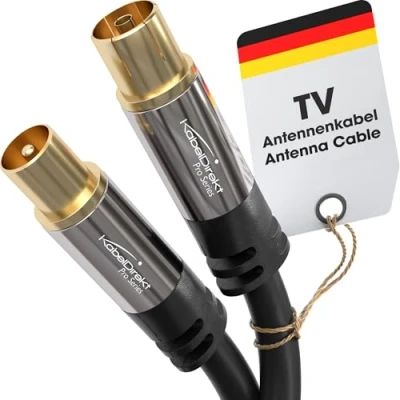 Image of KabelDirekt 4K TV Aerial Cable, Coaxial Cable 3m for Digital &amp; Analogue TV, Metal Connectors Available in 0.5 20m (Plug to Socket, DVB C/DVB T/DVB S, black)