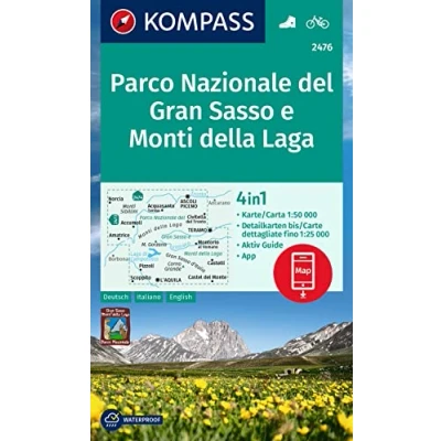 Image of KOMPASS Wanderkarte 2476 Parco Nazionale del Gran Sasso e Monti della Laga 1:50.000: 4in1 mit Aktiv Guide und Detailkarten inklusive Karte ... Verwendung in der App. Fahrradfahren.