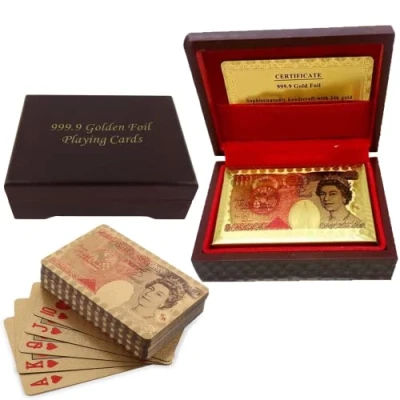 Image of Glamified 50 Pound Playing Cards 24k Carat Gold Plated Poker Includes Deluxe Wooden Gift Box, Ideal for Family, Magic Party Game