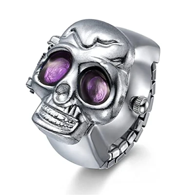 Image of JewelryWe Men Women Finger Watch Punk Skull Flip Open Cover Quartz Analog Ring Watches, Adjustable Size