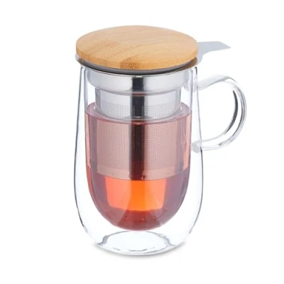 Image of Relaxdays Tea Glass, with Stainless Steel Strainer, Bamboo lid, Ear, 430 ml, Double Walled Teacup Heat Resistant, Transparent/Nature