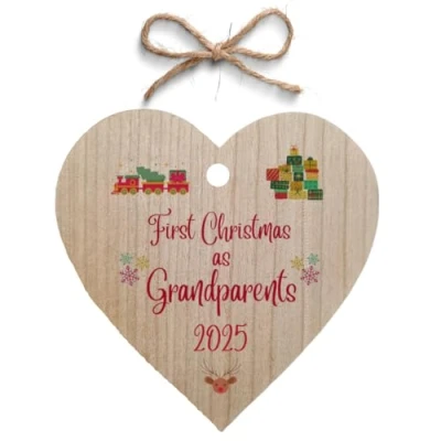 Image of Second Ave First Christmas as Grandparents Cherry Wood Hanging Heart Xmas Tree Decoration Bauble