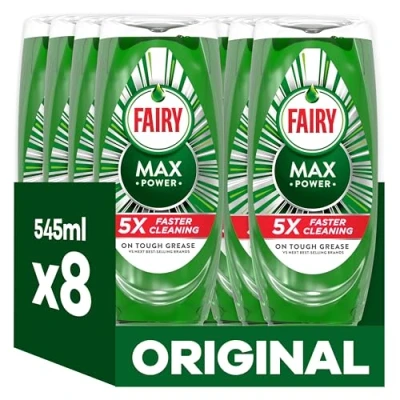 Image of Fairy Max Power Washing Up Liquid Original 8 x 545ML, Easy &amp; Effortless Cleaning, Even On Your Greasiest Pots Pans