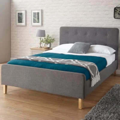 Image of Home Source Modern High Headboard, Buttoned Grey Fabric, Light Oak Effect Legs, King Size 5ft Bed Frame