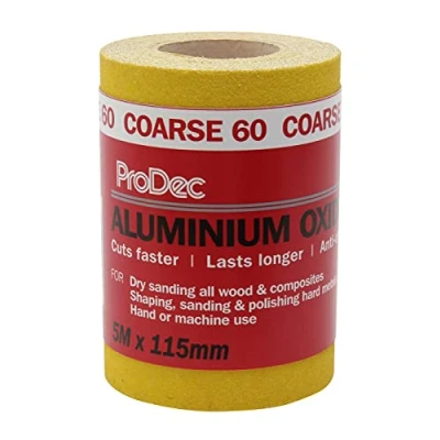 Image of ProDec 5m Roll 60 Grit Coarse Grade Yellow Aluminium Oxide Abrasive Sanding Paper for Wood, Paint, Plaster, Filler, Metal and More, 115mm Wide Sandpaper Compatible with Machine Sanders
