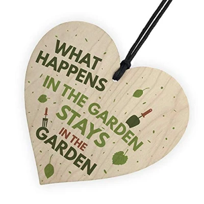 Image of RED OCEAN What Happens In The Garden Hanging Wooden Heart Plaque Gardening Funny Novelty Sign Gift Shed Man Cave