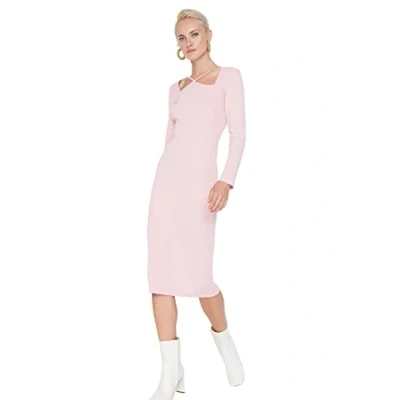 Image of Trendyol Women&#039;s Woman Fitted Bodycon Choker High Neck Woven Dress, Pink, S UK
