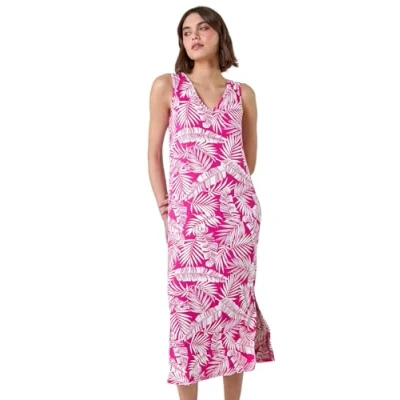 Image of Roman Originals Leaf Print Stretch Midi Dress for Women UK Ladies Everyday Holiday Spring Summer V Neckline Comfy Soft Evening Vacation Work Party Fuchsia Size 10