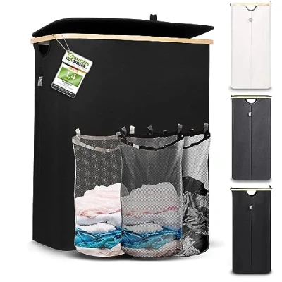 Image of HENNEZ 150L Extra Large Laundry Basket 3 Compartments Family Hamper with Removable Bags Section Lid Dirty Sorter for Bin