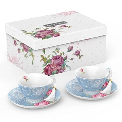 Image of London Boutique Tea Cup and Saucer Set 2 Afternoon New Bone China Vintage Flora Gift Box 200m (Blue)
