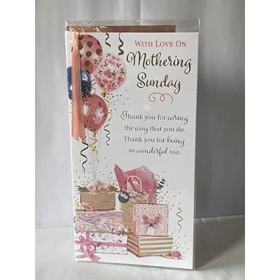Image of With Love On Mothering Sunday Mother&#039;s Day Mothers Card Pink/Gold Balloons/Presents/Words Ribbon/Foil Detail(PRELUDE47682)