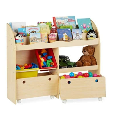 Image of Relaxdays Playroom Storage Unit, Plastic Toy Boxes, MDF Shelving, Drawers On Castors, HWD: 88 x 108 29 cm, Wooden Look, Boards, Beige