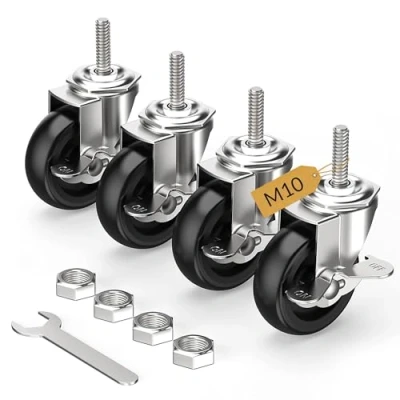Image of HOLKIE Castor Wheels 75mm with Brakes Stem Castors Set of 4 Heavy Duty, M10 x 1.5 30mm (Stem Diameter 10mm, Length 30mm) Threaded Caster Locking Swivel Trolley Furniture Casters Black