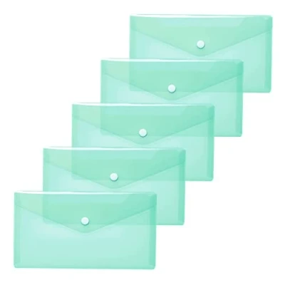 Image of HERMA 20041 Document Wallets DIN Long Transparent Turquoise Pack of 5 Small Envelopes with Press Stud Fastener, Plastic for School, University, Office, Travel
