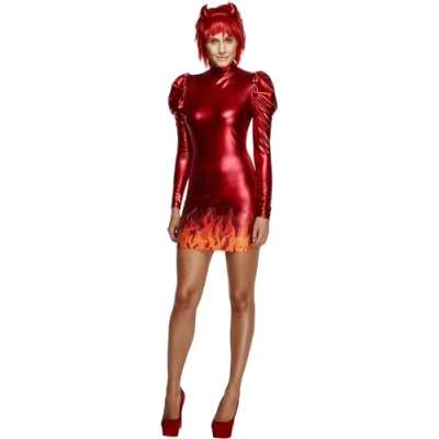 Image of Smiffys Fever Devil Costume, Red with Wet Look Dress and Horns, Fancy Dress, Up Costumes