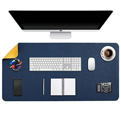 Image of Desk Pad Large, Mat, Extended Mouse XXL, Blotter, DOBAOJIA Laptop Writing for Office/Home, Dual Side Use PU Leather Waterproof 35.4&quot; X 16.9&quot; (Navy Blue/Yellow)