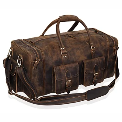 Image of Large Leather 24 Inch Luggage Duffel Weekender Travel Overnight Carry One Bag for Men