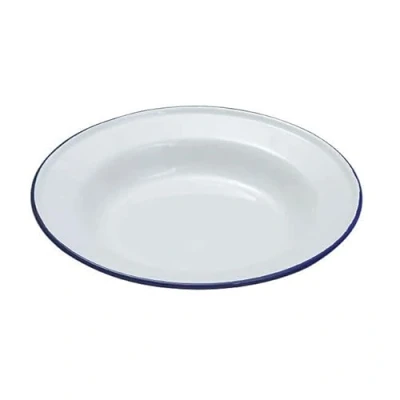 Image of Premium Quality Traditional Enamel White Blue Trim Rice Plate, Pasta Bowl, Dinner Round Pie Soup Mixing Deep Dish Tableware Crockery (Soup Plate 24cm)