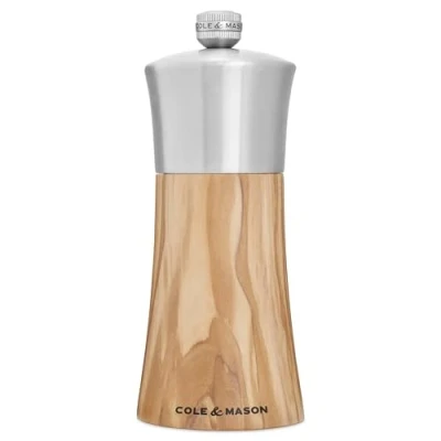Image of Cole &amp; Mason Bromley Pepper Mill, Ceramic Mechanism with Adjustable Coarseness, Olive Wood/Stainless Steel Salt Grinder, 150mm