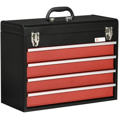 Image of DURHAND 4 Drawer Tool Chest, Lockable Metal Box with Ball Bearing Runners, Portable Toolbox, 510mm x 220mm 395mm, Black