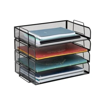 Image of Mind Reader DSTACK4 BLK Stackable Letter, Tray Mesh Desk, Magazine Storage, Desktop File, Document Organization Holder, Black 4 Piece, Count