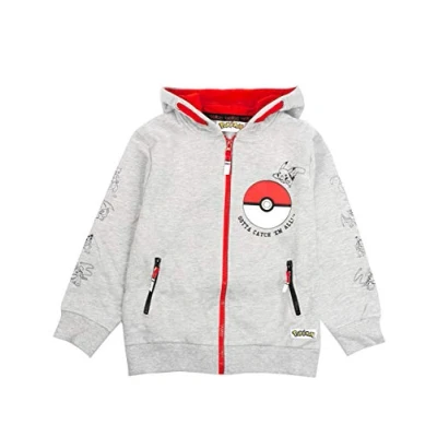 Image of Pokemon Boys Hoodie Childrens Pokeball Gotta Catch Em All Zip Up Jumper Pikachu Grey &amp; Red Sweatshirt for Kids Long Sleeve, Hooded Pockets