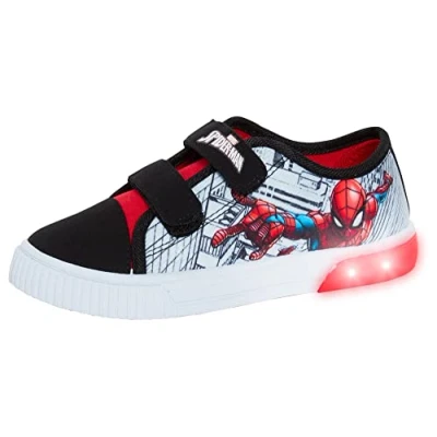 Image of Marvel Boys Spiderman Light Up Canvas Trainers Kids Pumps with Flashing Lights Black/Grey 12 UK Child