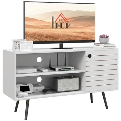 Image of HOMCOM TV Stand Cabinet for 50 Inch TVs, Unit with Open Shelves, Soft close Door and Cable Holes, Entertainment Living Room, White