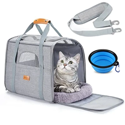 Image of Morpilot Cat Carrier, Airline Approved Pet Portable Dog Bag Breathable Small Carrier Travel Cage with Adjustable Shoulder Strap and Bowl Light Grey