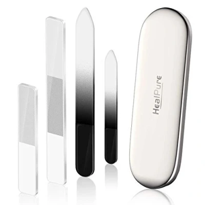 Image of Glass Nail File and Shiner 4PC Double Sided Etched Crystal Buffer Files Nano Polishers, Professional Salon Manicure Tools Kit for Acrylic Natural (Purple)
