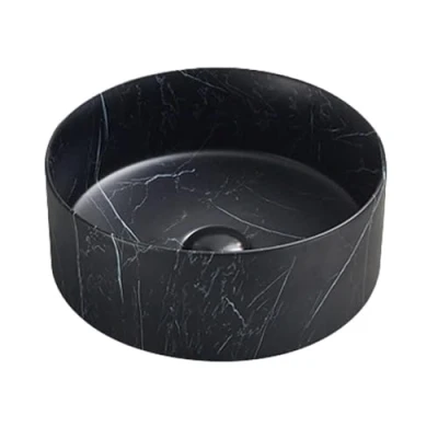 Image of BAYSTONE® Countertop Basin for Bathroom and Cloakroom Hand Wash Sink Black Marble, Round 301 x 301mm