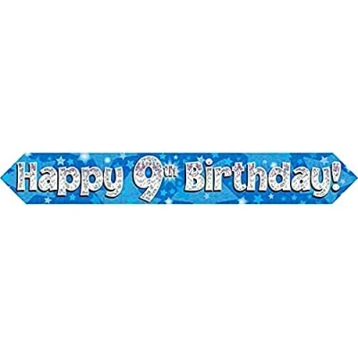 Image of 9ft Banner Happy 9th Birthday Blue holographic