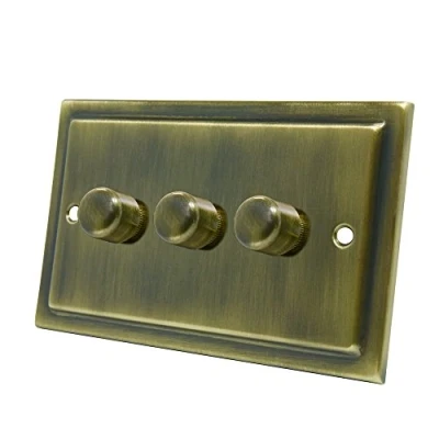 Image of AET VAB3GDIMLED Victorian Antique Brass 250W 10 Amp Triple 3 Gang 2 Way LED Light Dimmer Switch, 250 W, 240 V