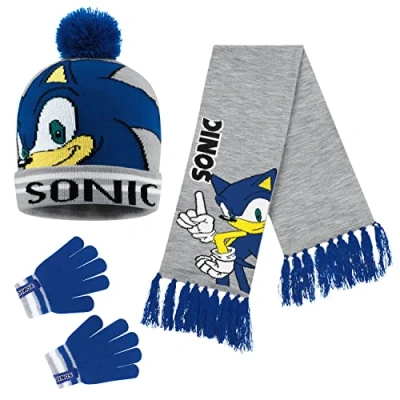 Image of SONIC THE HEDGEHOG Beanie Hat Scarf and Gloves Set for Boys (Multicolour 3 Pieces)