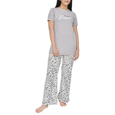 Image of Sleepdown Women&#039;s Long Tee/AOP Ladies Pyjamas 2 Piece Short Sleeve T Shirt &amp; All Over Animal Print Wide Leg Pant Set Casual Loungewear Nightwear, Grey Leopard, L