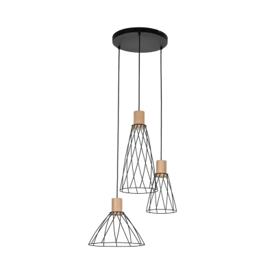 Image of Modesto Wire Frame Cluster Pendant Ceiling Light Black, Wood 3xE27