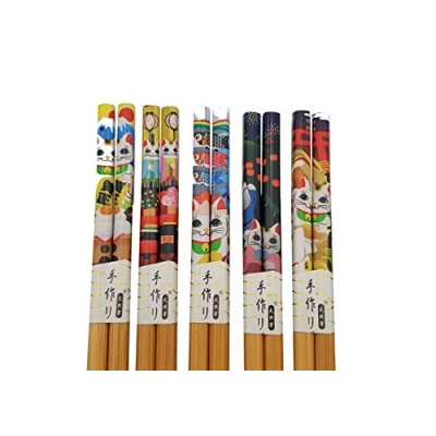 Image of Kokomono Set of 5 Pairs Reusable Bamboo Chopsticks with Japanese Designs (Maneki Neko Kawaii Set)