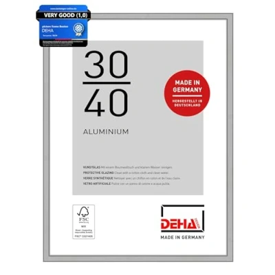 Image of DEHA Design Boston Photo Frame 30x40cm, Aluminium Picture Frame, Silver with Protective Acrylic Glazing and Push Turn Clips Frosted