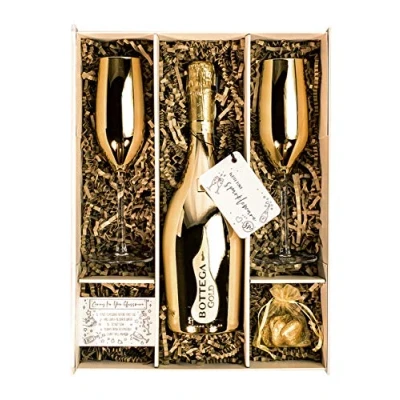 Image of Bottega Gold Prosecco DOC 75cl Gift Set Hamper With 2 Metallic Champagne Flutes, Chocolates and Box Birthday, Congratulations Gift, For Women Men (Metallic Tops)