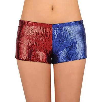 Image of HDE Women&#039;s Red and Blue Metallic Sequin Booty Shorts for Harley Misfit Halloween Costume (Red Blue, XX Large)