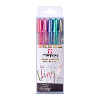 Image of SAKURA Gelly Roll Gold Shadow Glitter Gel Pen Set of 5 Special Metallic Pens for Writing, Drawing, Journalling &amp; Crafts