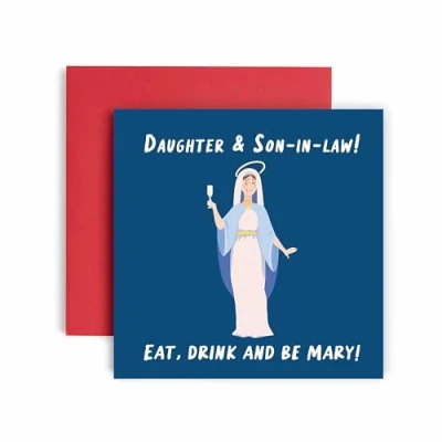 Image of Huxters Christmas Cards for Women Eat and Be Mary Daughter Son In Law Happy Card Funny (Daughter Law)