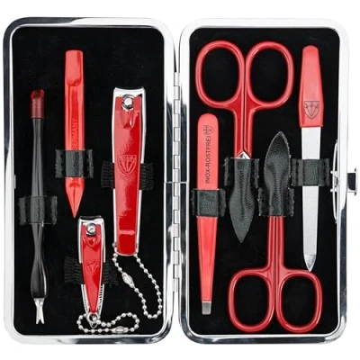 Image of 3 Swords Germany brand quality 8 piece manicure pedicure grooming kit set for professional finger &amp; toe nail care scissors clipper fashion leather case red Made by