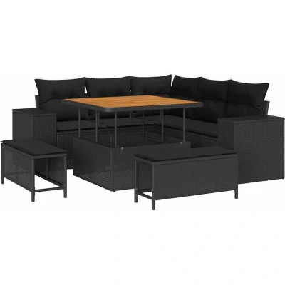 Image of vidaXL 8 Piece Garden Sofa Set with Cushions Black Poly Rattan Acacia