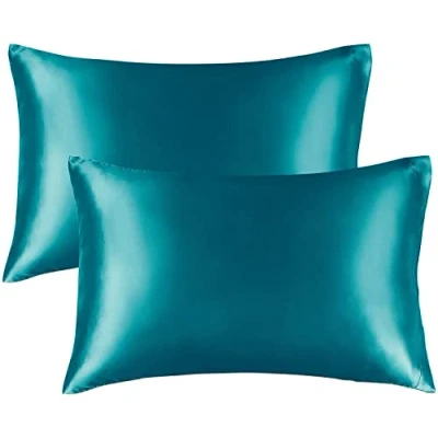 Image of 2 Pack Satin Silk pillow Case Soft Pure Mulberry Cover for Hair and Skin with Envelope Closure (Teal, Standard(50x75cm))