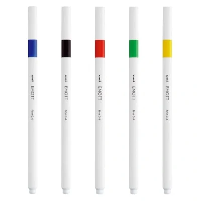 Image of uni Emott Felt Tip Pens. Water Resistant, Non Bleed and Fade Proof Ink for Colouring, Art, Drawing, Writing, Journaling. Fineliner Coloured Pens Adults, Children, School Stationery. Pack of 5