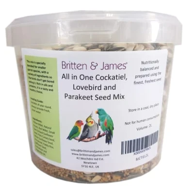 Image of Britten &amp; James best all in one seed Mix for Cockatiels Lovebirds Parakeets 2L Tub (1.6kg). the mix. Nutritionally balanced. Prepared using finest