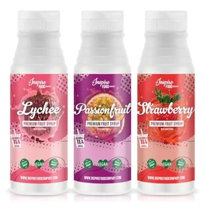 Image of INSPIRE FOOD Fruit Syrup for Bubble Tea Mix 3 Pack Lychee, Passion Fruit, and Strawberry Tea, Boba Slushes &amp; Ice Blended 100% Vegetarian, Gluten Free, 300ml Each