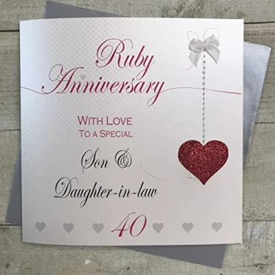 Image of WHITE COTTON CARDS Son &amp; Daughter in law Ruby 40th Large Anniversary Card, Hanging Hearts Design, Handmade (XLLa40S)