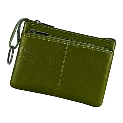 Image of Genuine Leather Coin Purse Pouch Triple Zipper Card Holder Wallet with Key Ring,Army Green
